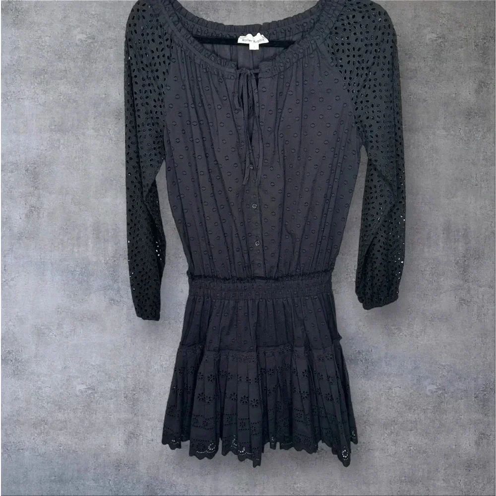 Roller Rabbit The Arista Black Eyelet Mini Dress Size Small Cotton Neutral‎